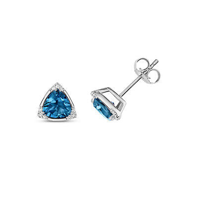 London Blue Topaz & Diamond Trillion Stud Earrings 9ct White Gold Studs.