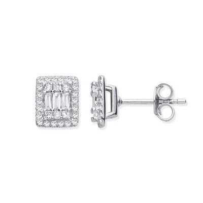 Real Diamond Rectangular Stud Earrings 18ct White Gold 0.50ctw Mined Diamonds