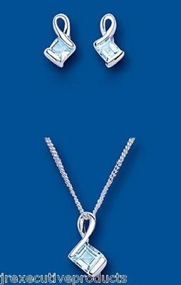 Real Blue Topaz Solitaire Matching Pendant and Earrings Set Sterling Silver 18"