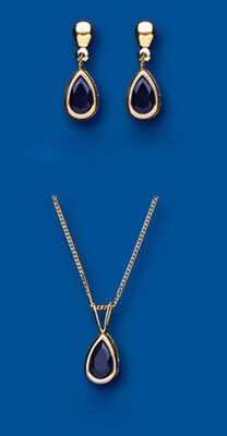 Natural Sapphire Pendant and Matching Earrings Teardrop Set Solid Yellow Gold