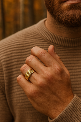 Men's 4 Row Keeper Ring 18ct Yellow Gold on Solid Sterling Silver Size M - Z