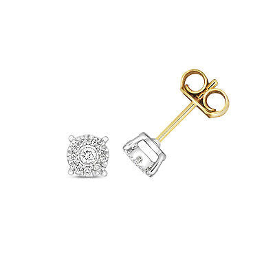 9ct Yellow Gold Diamond Stud Earrings Illusion Brilliant Set Studs 0.12ctw