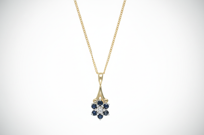 Sapphire and Diamond Pendant 9ct Yellow Gold Cluster 16 - 18" Chain Real Stones