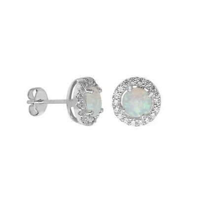 Opal Halo Stud Earrings Sterling Silver Rhodium Plated British Made 925 Hallmark