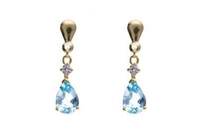 9ct Gold Blue Topaz Teardrop Dangle Earrings Diamond Accent Fine Jewellery