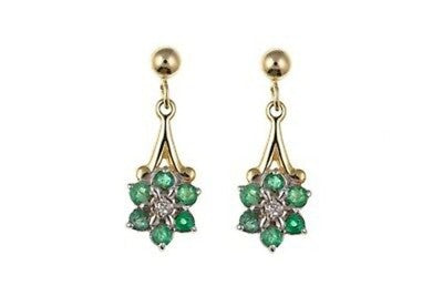 9ct Gold Emerald & Diamond Cluster Drop Dangle Earrings Vintage Floral Stud