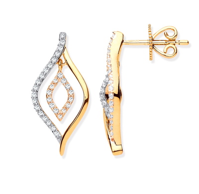9ct Gold & Diamond Marquise Drop Earrings 20.6mm Twisted Swirl Dangle Studs