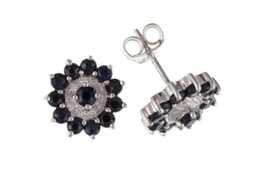 Real Sapphire and Diamond Matching Set Solid Sterling Silver Pendant & Earrings