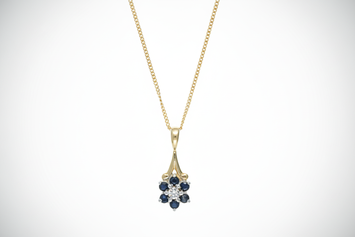 Sapphire and Diamond Pendant 9ct Yellow Gold Cluster 16 - 18" Chain Real Stones