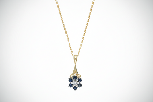 Sapphire and Diamond Pendant 9ct Yellow Gold Cluster 16 - 18" Chain Real Stones