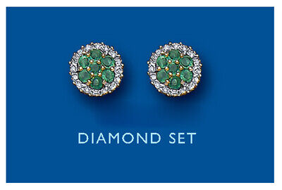 Emerald and Diamond Earrings Yellow Gold Stud Premium Diamonds Hallmarked