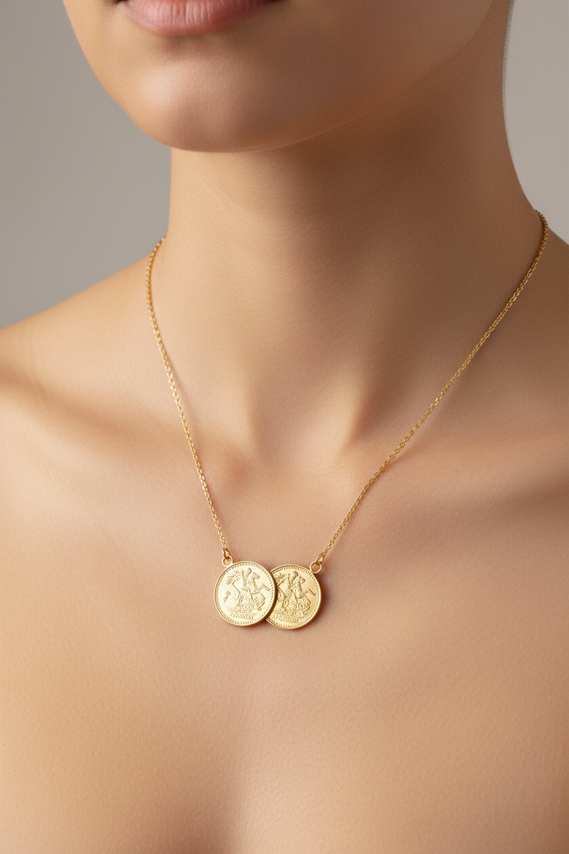 Full Sovereign Necklace Solid Sterling Silver Yellow Gold Plated Pendant 17 "