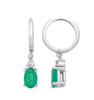 Natural Emerald Drop Earrings Diamond Accent Huggie Hoop 9ct White Gold