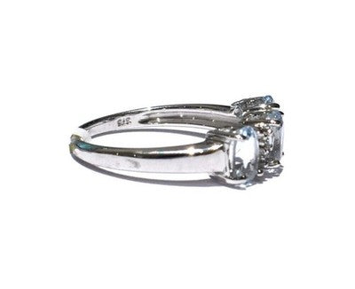 Aquamarine and Diamond Ring 9ct White Gold Three Stone Trilogy Size J - Q