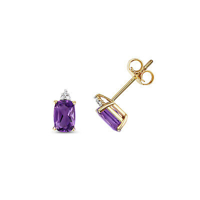 Amethyst & Diamond Cushion Stud Earrings Yellow Gold Studs