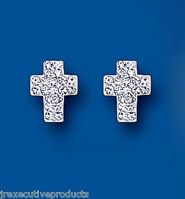9ct Gold Cross Stud Earrings Yellow Gold Austrian Crystal Religious Hallmarked