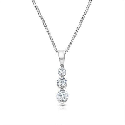 Real Diamond Trilogy Pendant Necklace 9ct White Gold Three Stone 18" / 45cm