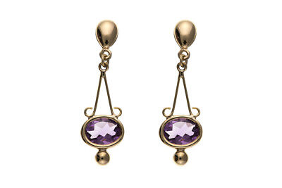 9ct Yellow Gold Amethyst Drop Earrings Oval Drops Hallmark February Birthstone