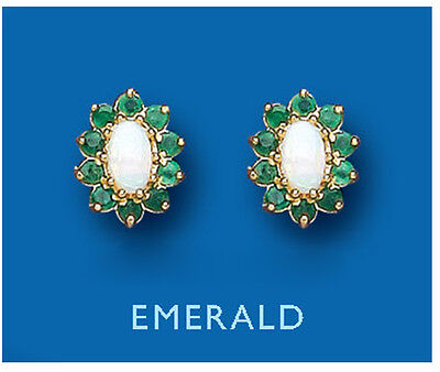 9ct Gold Emerald and Opal Stud Earrings Solid Yellow Gold Hallmarked Studs 