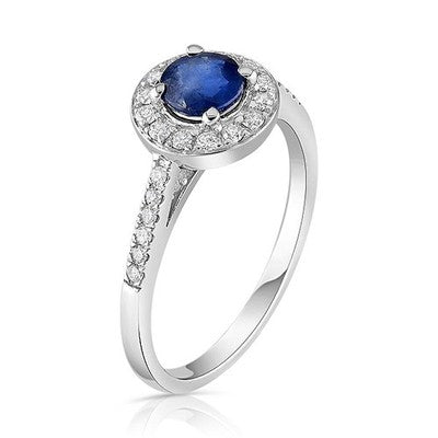 Sapphire and Diamond Ring Round Halo 9ct White Gold Hallmarked