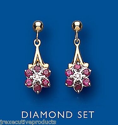 Ruby and Diamond Earrings Yellow Gold Drop Drops Cluster Hallmarked Real Stones