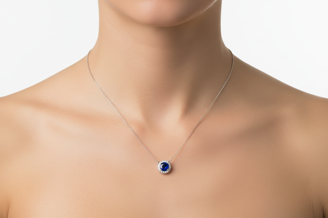 Sterling Silver Necklace With Sparkling Sapphire Round With CZ Pendant & Chain