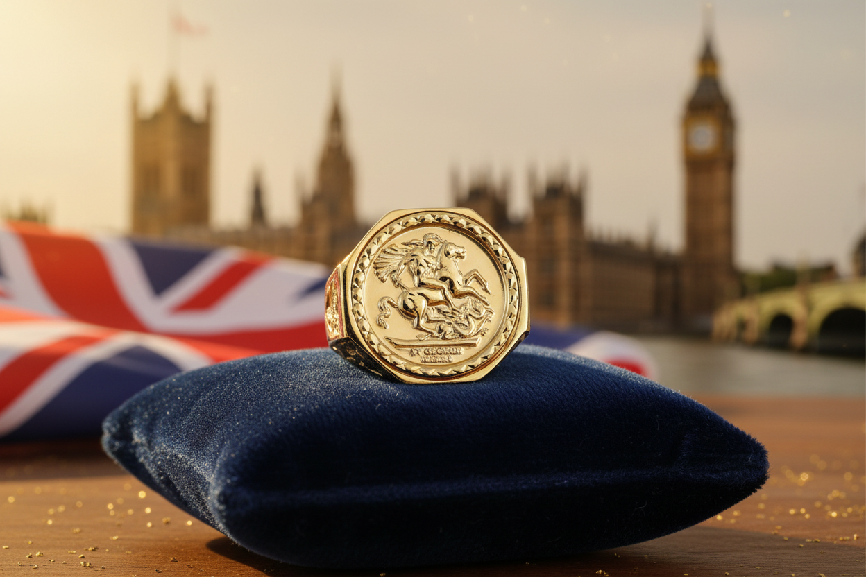 St George Ring Solid 9 Carat Yellow Gold Hexagonal British Made Hallmarked