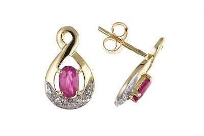 Ruby and Diamond Earrings Yellow Gold Stud Twist Studs Hallmarked Natural Stones