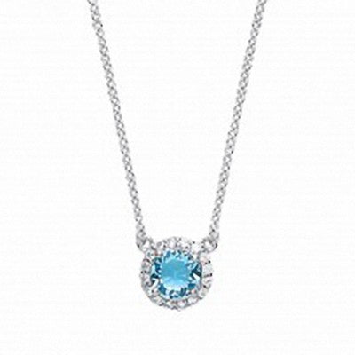 Sterling Silver Necklace With Sparkling Aquamarine Round With CZ Pendant & Chain
