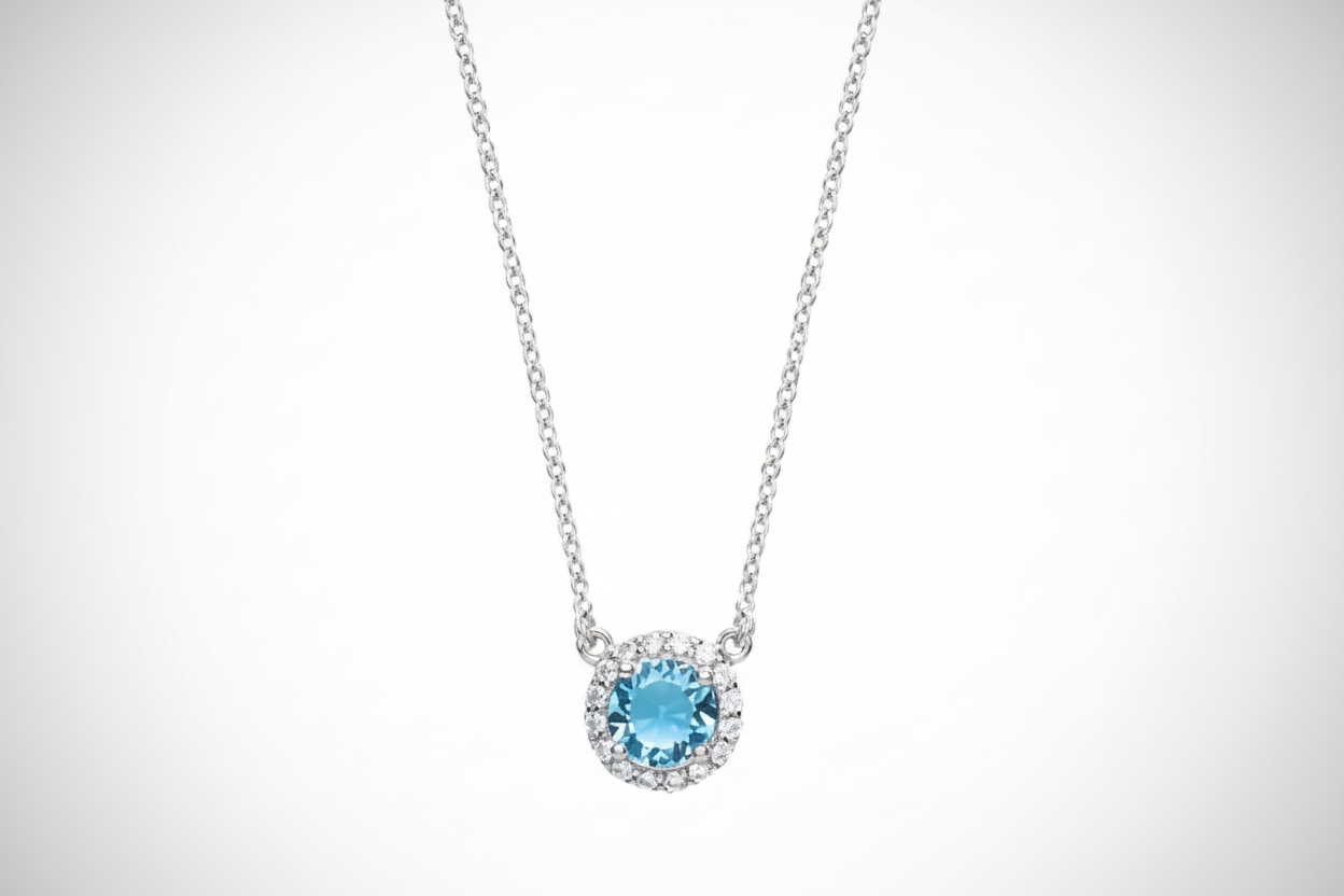 Sterling Silver Necklace With Sparkling Aquamarine Round With CZ Pendant & Chain
