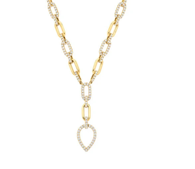 18ct Gold Paperclip Chain Y Necklace with Diamond Teardrop Pendant Lariat