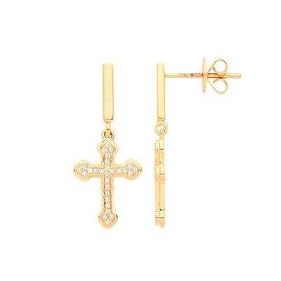 Yellow Gold Diamond Cross Drop Dangle Stud Earrings Religious Christian Gift