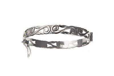 Solid Silver Bangle Scroll Design Hinged Safety Chain Bracelet hallmarked