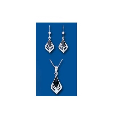 Real Onyx Filigree Pendant Necklace and Matching Drop Earrings Sterling Silver