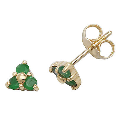 Emerald Pendant and Earrings Set Three Stone Trilogy 9ct Yellow Gold Hallmarked