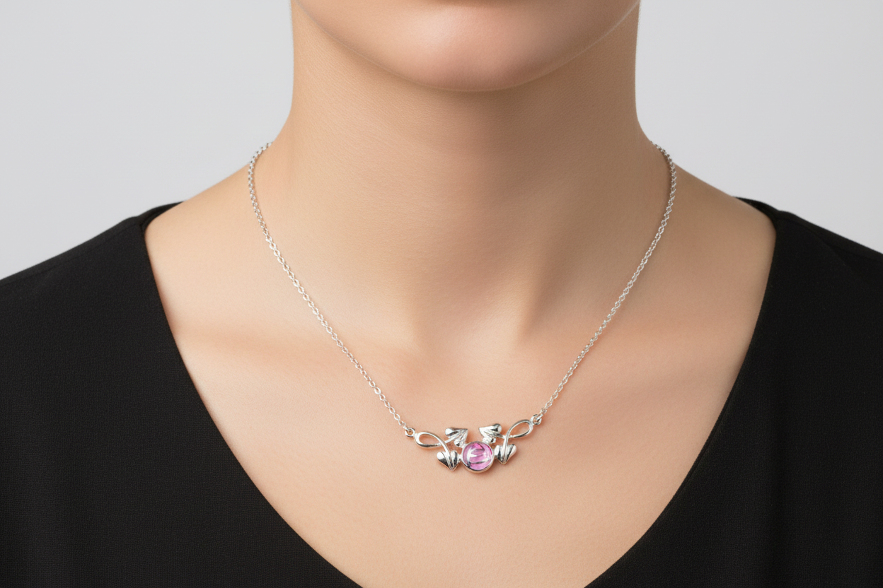 Mackintosh Rose and Leaf Necklace Solid Sterling Silver Pink Mother of Pearl
