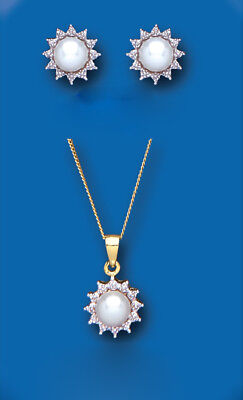 Pearl and Diamond Set Yellow Gold Pendant and Earrings Freshwater Cultured