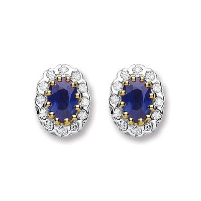 Sapphire and Diamond Earrings 9ct Yellow Gold Oval Studs Real Mined Stones