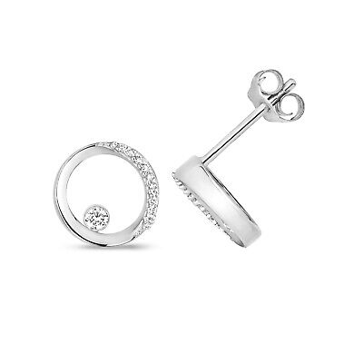 Diamond Open Circle Stud Earrings 9ct White Gold Real Diamonds