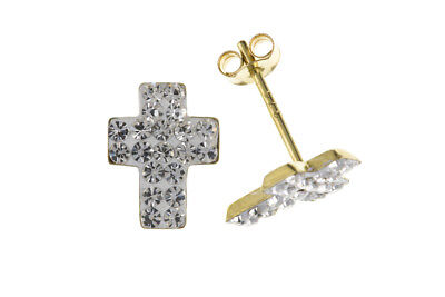 9ct Gold Cross Stud Earrings Yellow Gold Austrian Crystal Religious Hallmarked