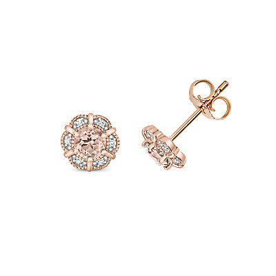Morganite & Diamond Round Flower Stud Earrings 9ct Rose Gold Studs