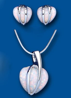 Opal Heart Pendant and Earrings Matching Set Solid Sterling Silver Statement 16"
