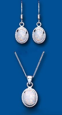 Opal Matching Pendant and Earrings Set Solid Sterling Silver 925 18" Chain