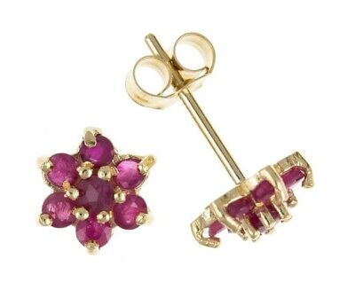 9ct Gold Ruby Cluster Earrings Flower Studs Yellow Gold July Birthstone