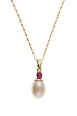 Ruby & Freshwater Pearl Pendant Necklace & Matching Stud Earrings Set Solid Gold
