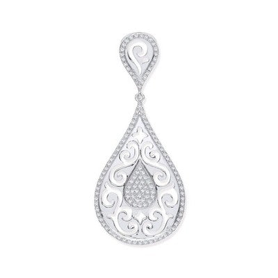 Diamond Filigree Teardrop Pendant Necklace 18" Chain 0.25ctw Genuine Diamonds
