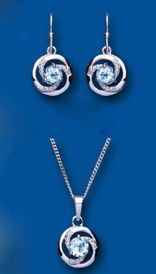 Real Blue Topaz and Diamond Jewellery Set Pendant and Earrings Solid Silver 925