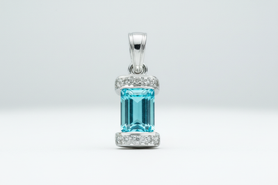 Emerald Cut Blue Topaz Pendant with Sparkling Natural Diamonds White Gold 18"