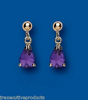 9ct Yellow Gold Amethyst Drop Earrings Teardrop Hallmark February Birthstone
