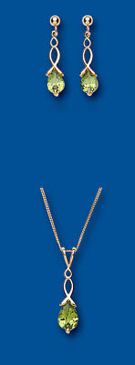 Gold Peridot Pendant and Earrings Set Hallmarked Solid Yellow Gold